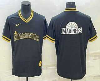 Men%27s Seattle Mariners Big Logo Black Gold Nike Cooperstown Legend V Neck Jersey->seattle mariners->MLB Jersey